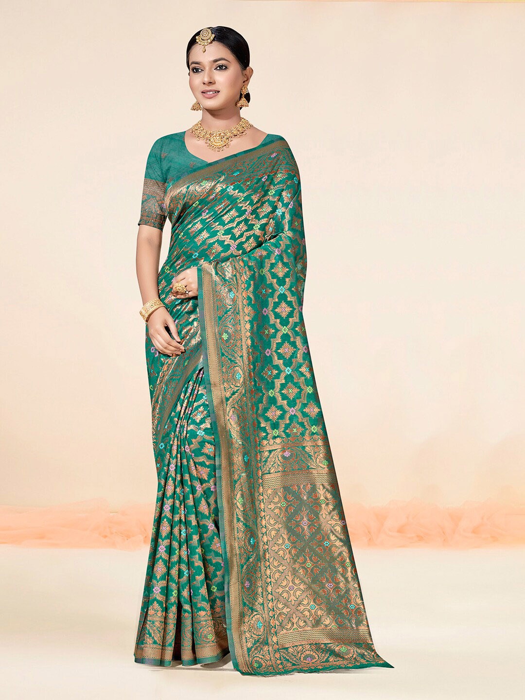 

Anouk Ethnic Motifs Woven Design Zari Pure Cotton Chanderi Saree, Turquoise blue