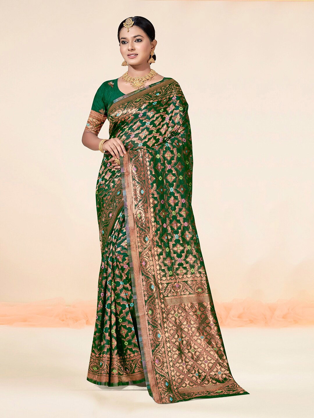 

Anouk Rustic Ethnic Motifs Woven Design Zari Pure Cotton Chanderi Saree, Green