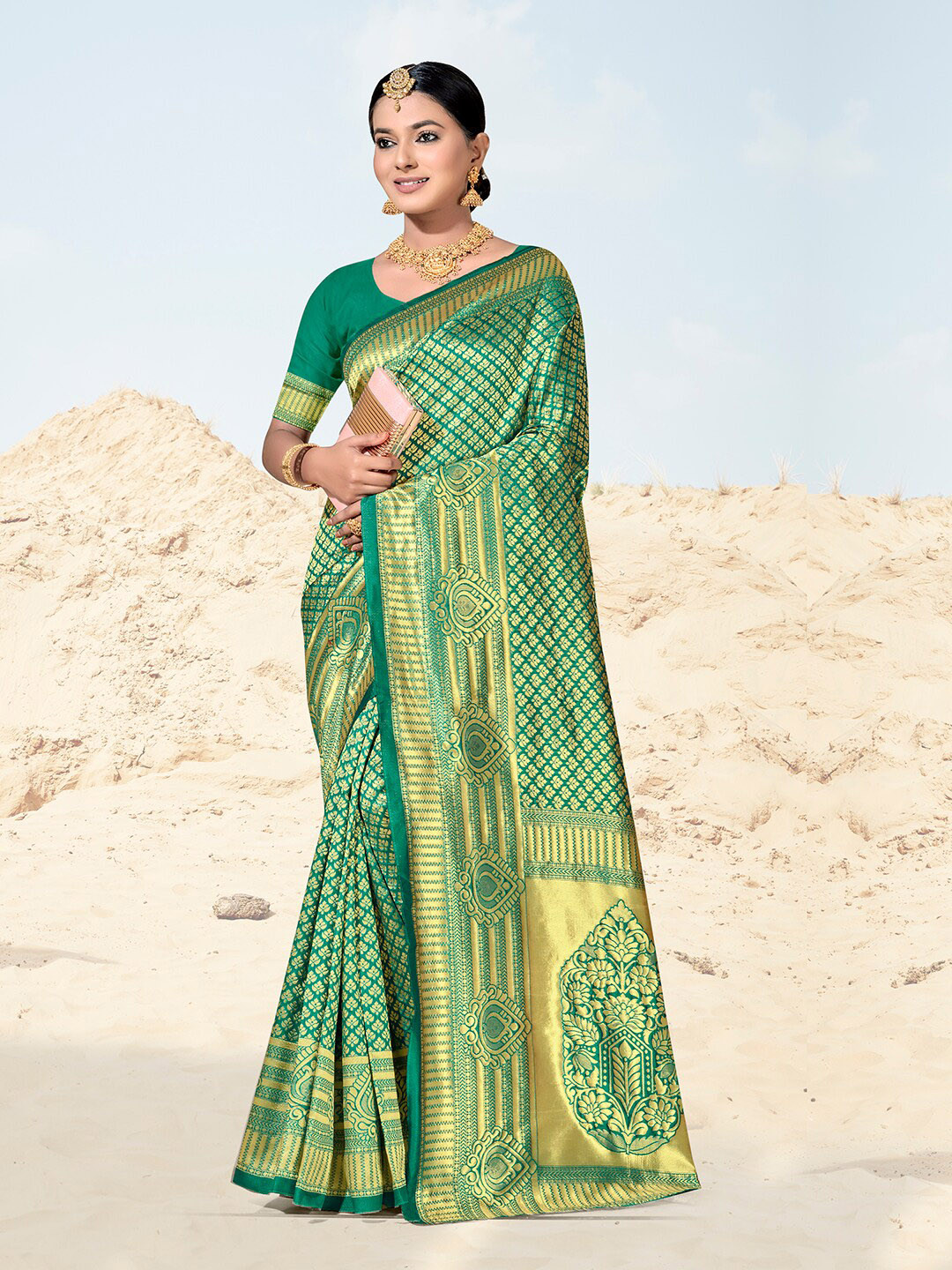 

Anouk Ethnic Motifs Woven Design Zari Art Silk Banarasi Saree, Turquoise blue