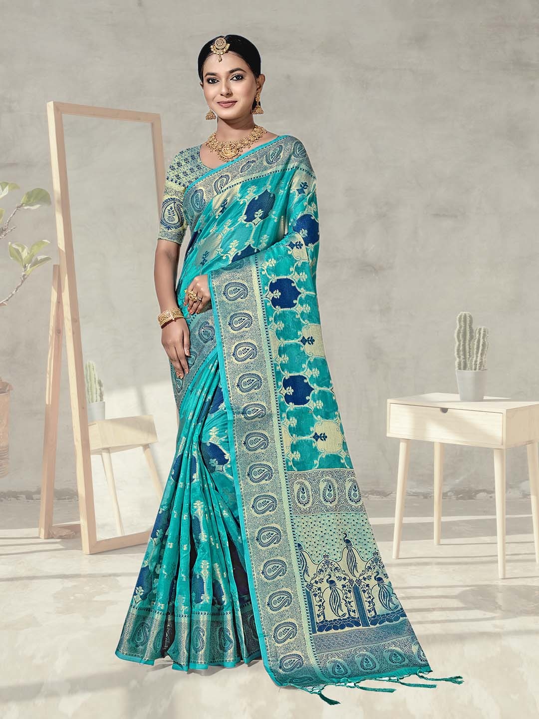 Anouk Ethnic Motifs Woven Design Zari Organza Saree, Turquoise blue