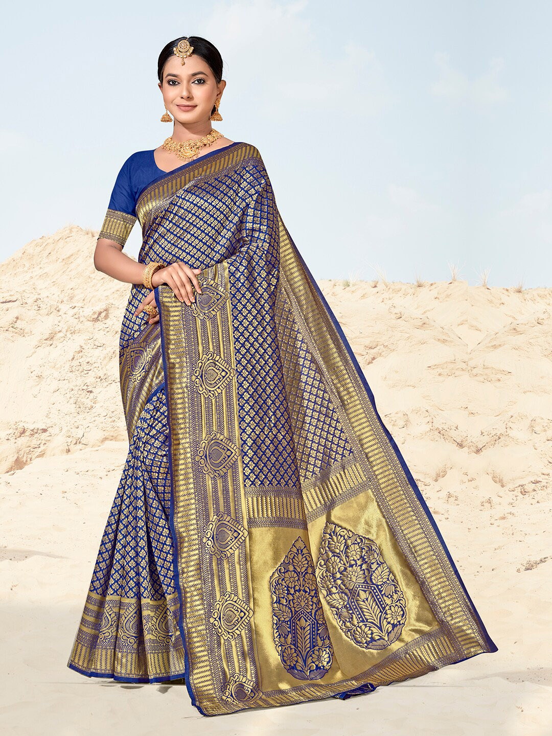 

Anouk Ethnic Motifs Woven Design Zari Art Silk Banarasi Saree, Blue