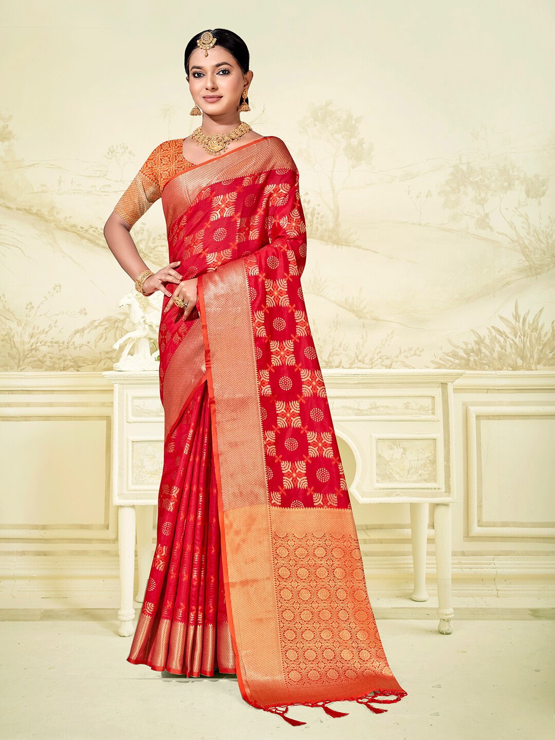 

Anouk Ethnic Motifs Woven Design Zari Organza Saree, Red