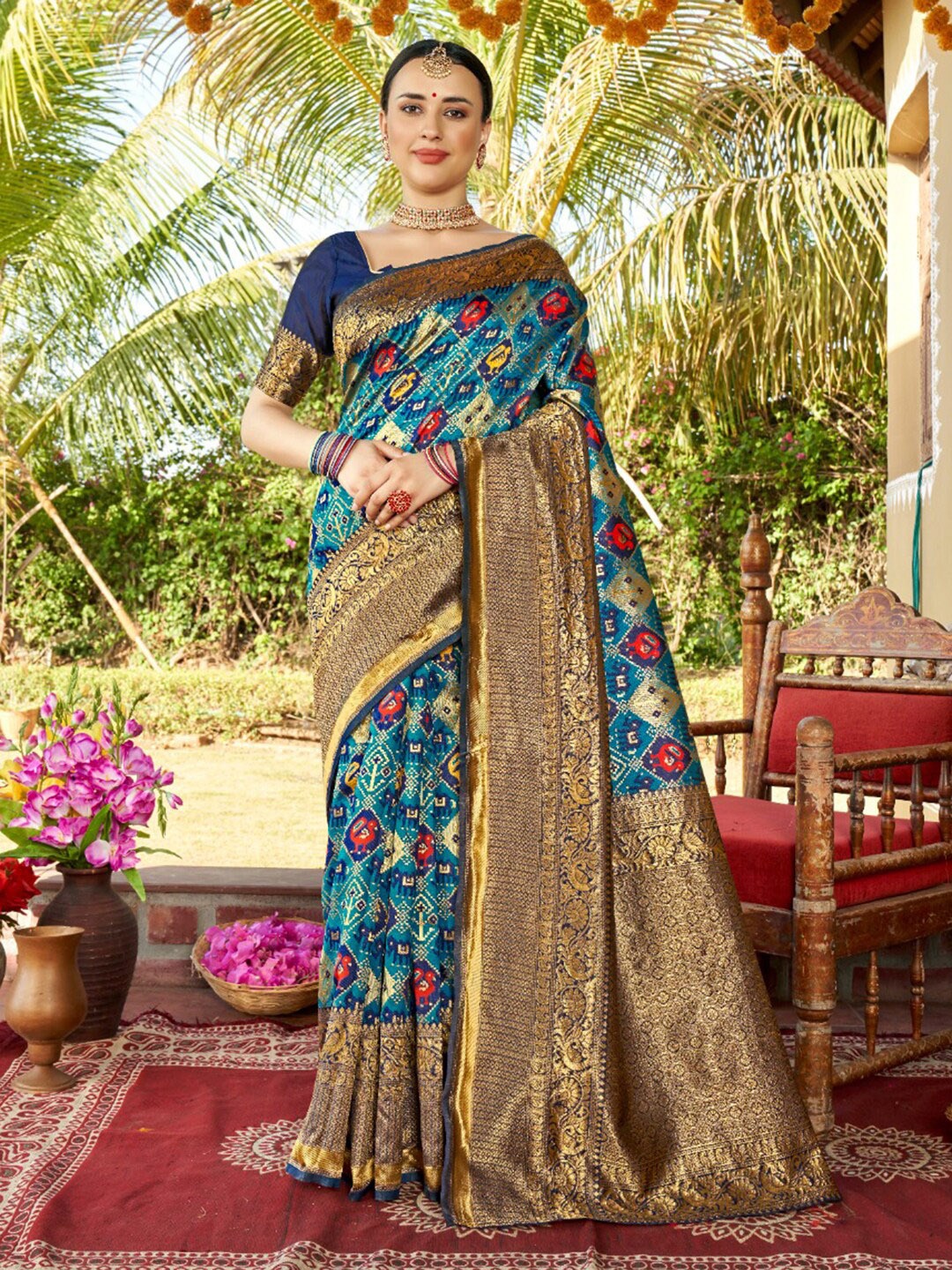 

Anouk Ethnic Motifs Woven Design Zari Art Silk Banarasi Saree, Turquoise blue