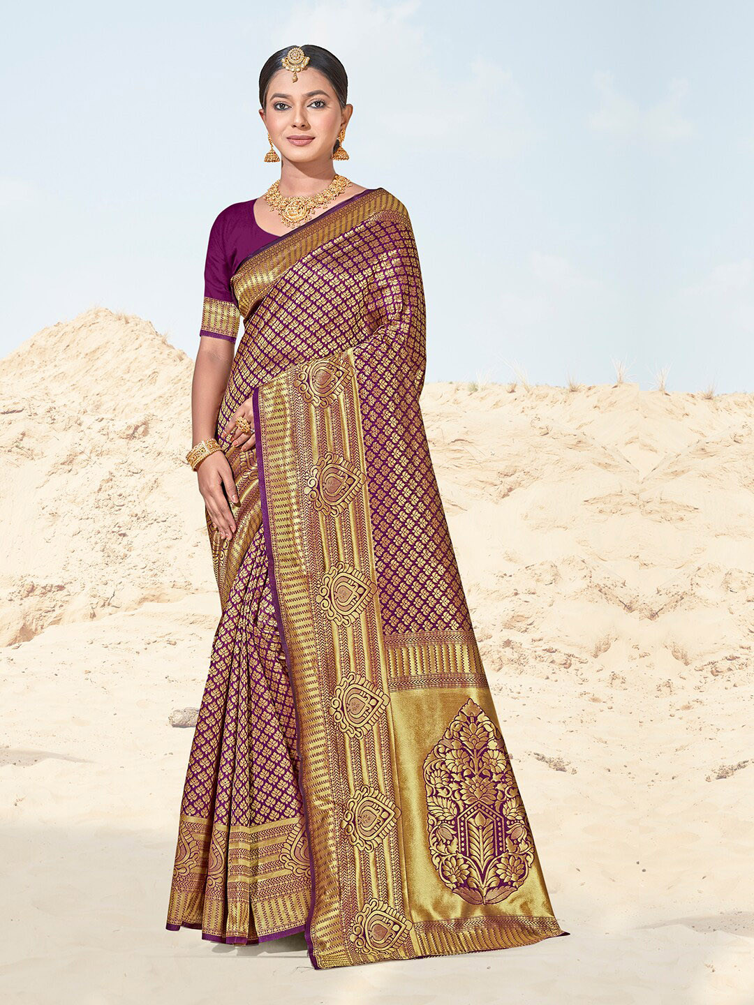 

Anouk Ethnic Motifs Woven Design Zari Banarasi Saree, Purple