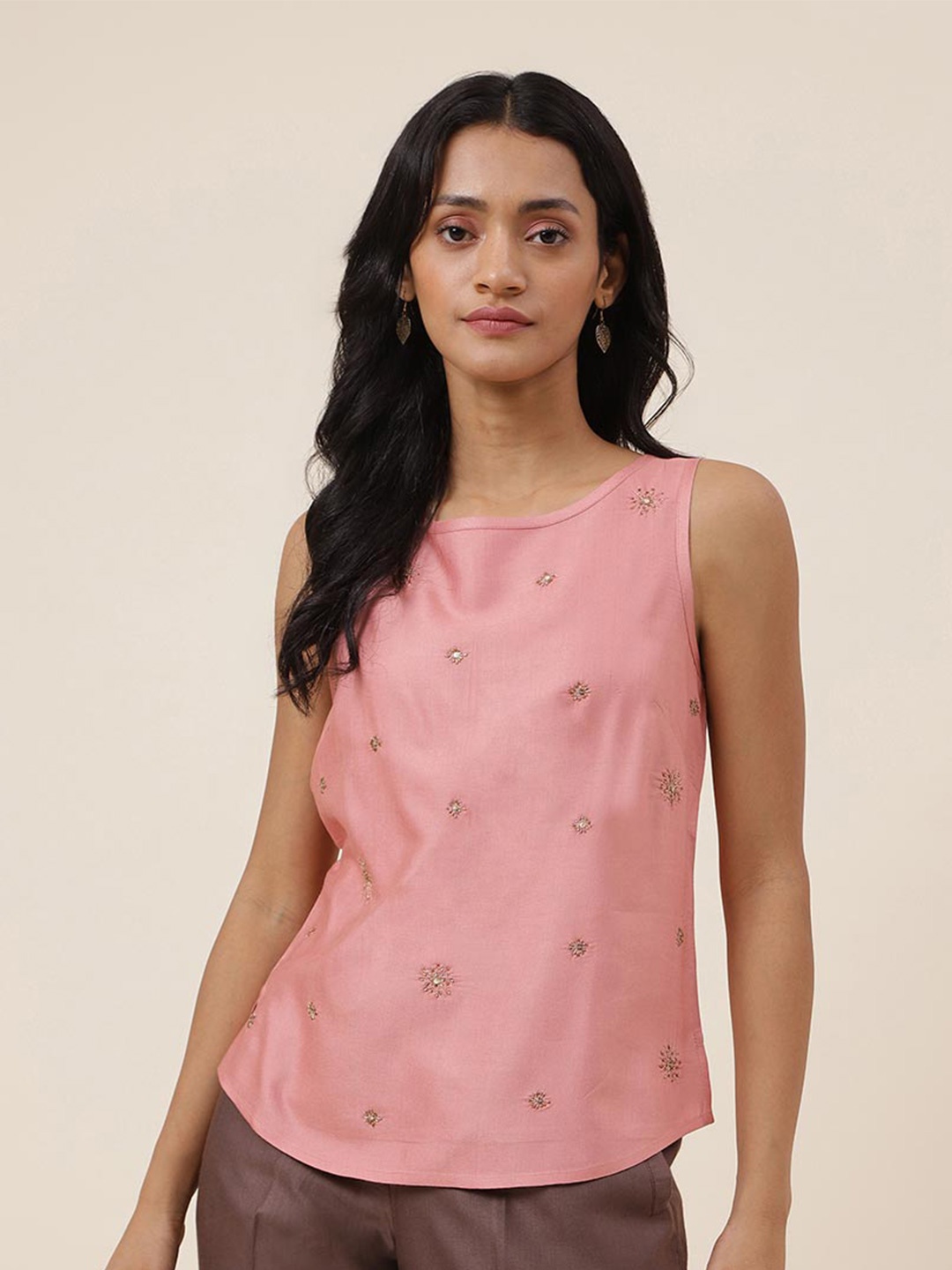 

Fabindia Round Neck Embellished Top, Pink