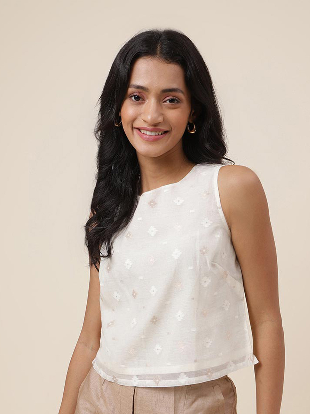 

Fabindia Ethnic Motifs Woven Design Cotton Top, White