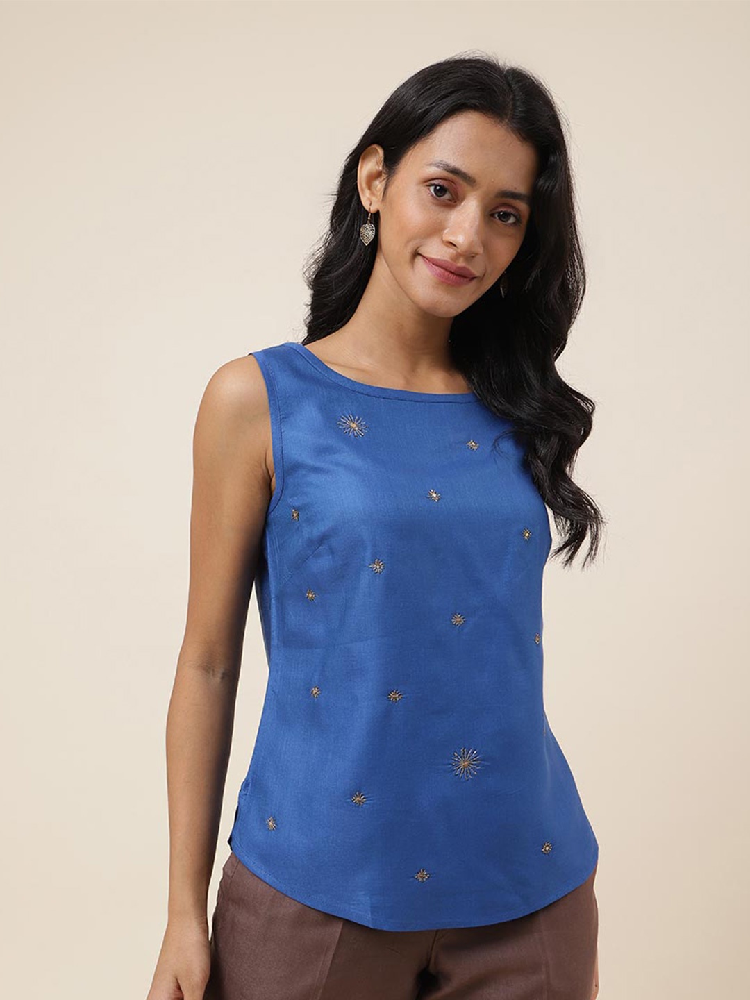 

Fabindia Embroidered Sleeveless Top, Blue