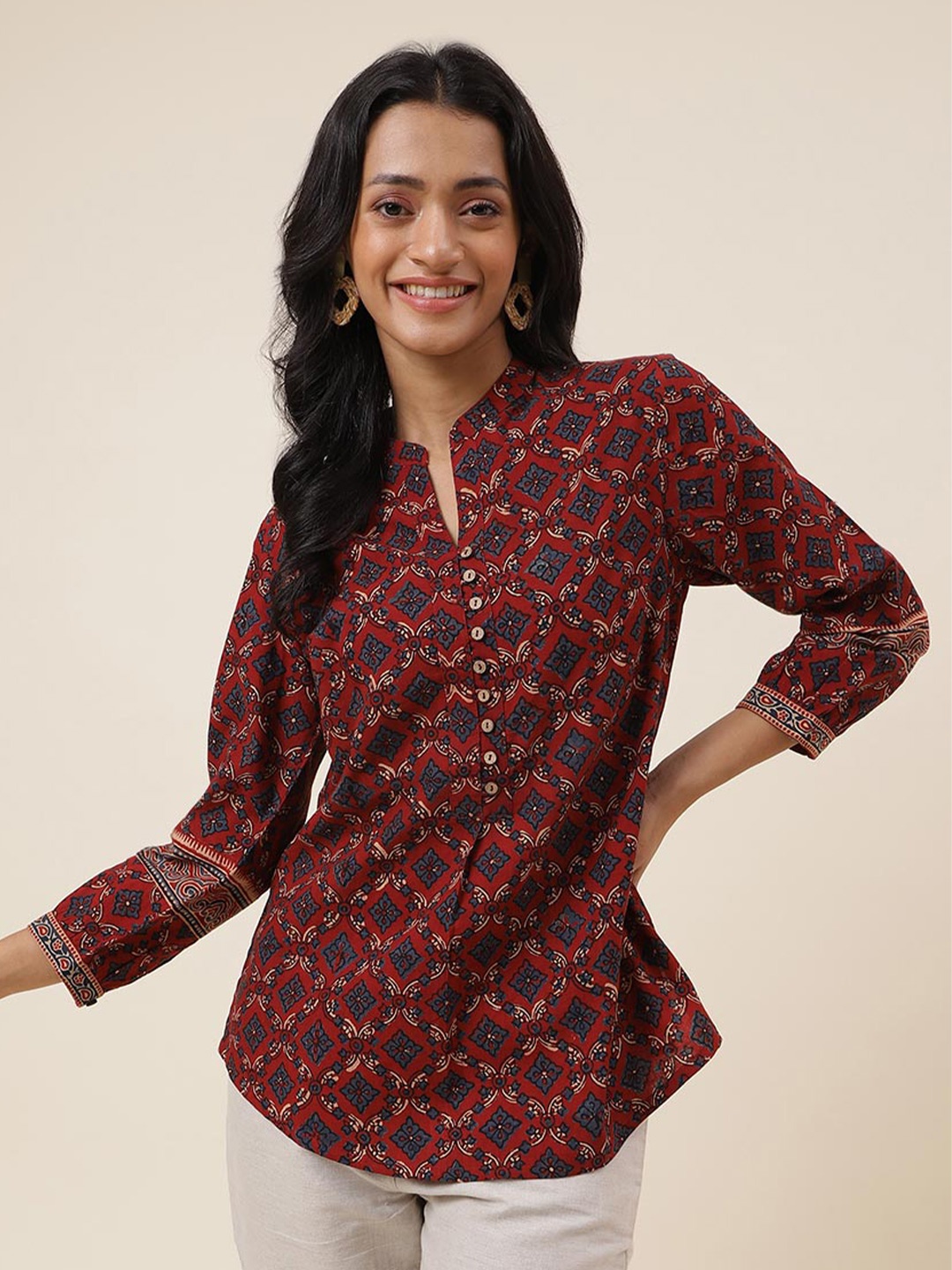 

Fabindia Ethnic Motifs Printed Mandarin Collar Cotton Shirt Style Top, Red
