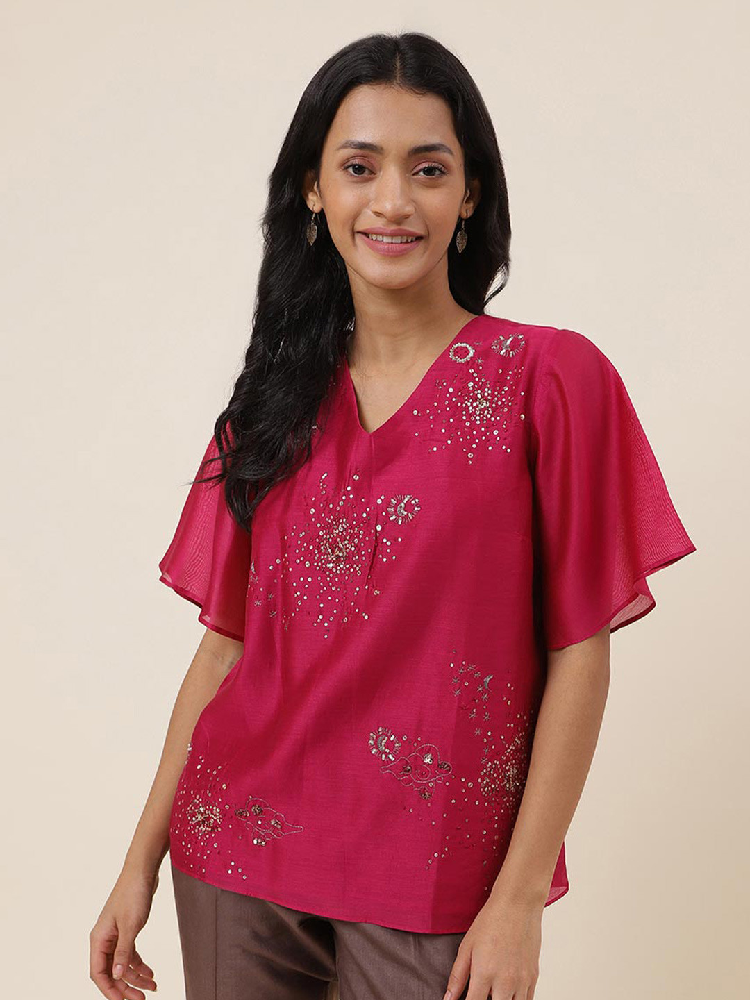 

Fabindia Floral Embellished Flared Sleeve Cotton Top, Magenta