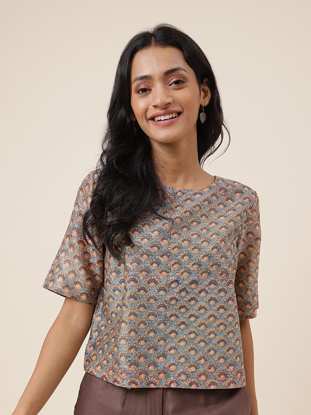 

Fabindia Ethnic Motifs Printed Cotton Top, Blue