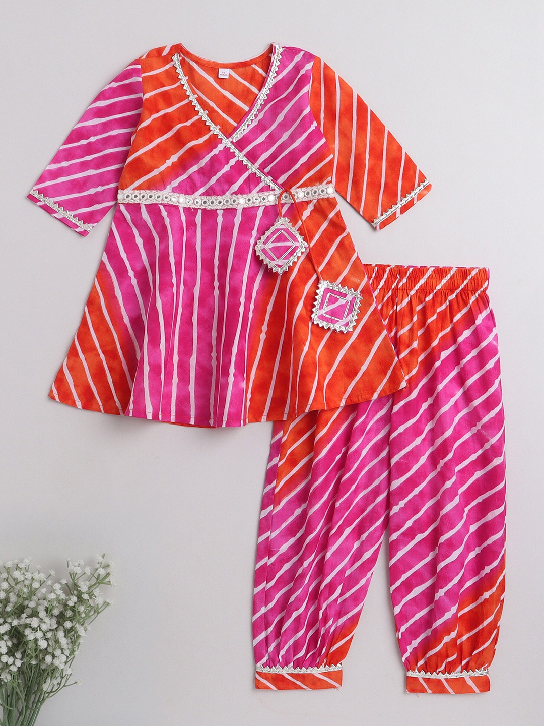 

The Magic Wand Girls Striped Angrakha Gotta Patti Pure Cotton Kurta with Trousers, Fuchsia