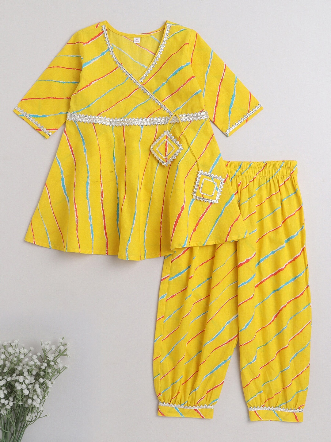 

The Magic Wand Girls Leheriya Striped Angrakha Gotta Patti Pure Cotton Kurta with Salwar, Yellow