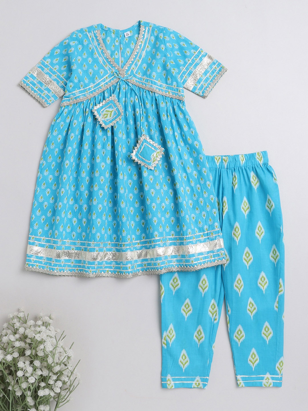 

The Magic Wand Girls Floral Printed Gotta Patti Pure Cotton A-Line Kurta with Trousers, Blue