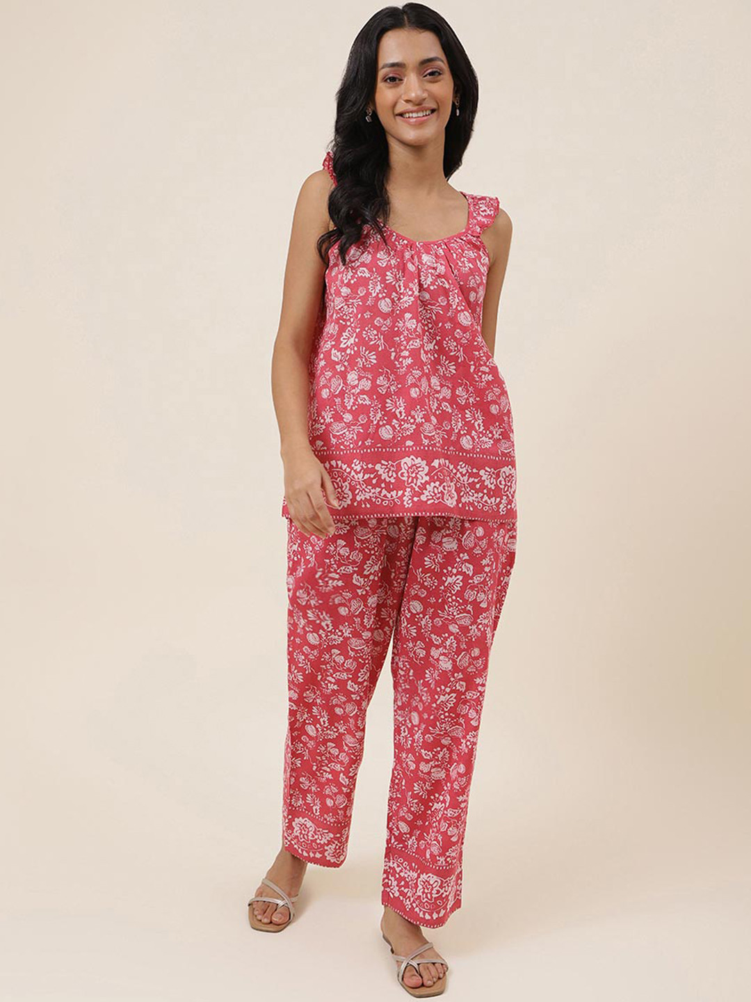 

Fabindia Printed Pure Cotton Top With Trousers, Pink