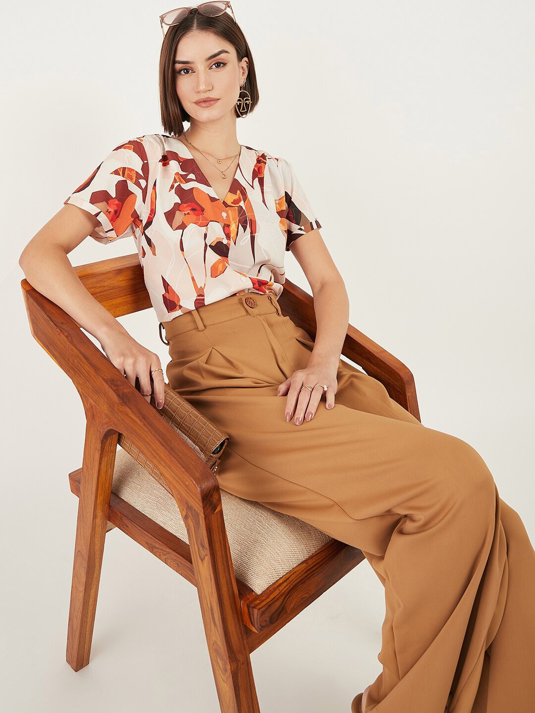 

DressBerry Floral Printed V-Neck Crepe Top, Beige