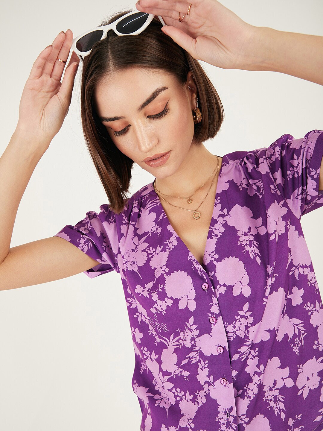 

DressBerry Floral Printed V-Neck Crepe Top, Purple