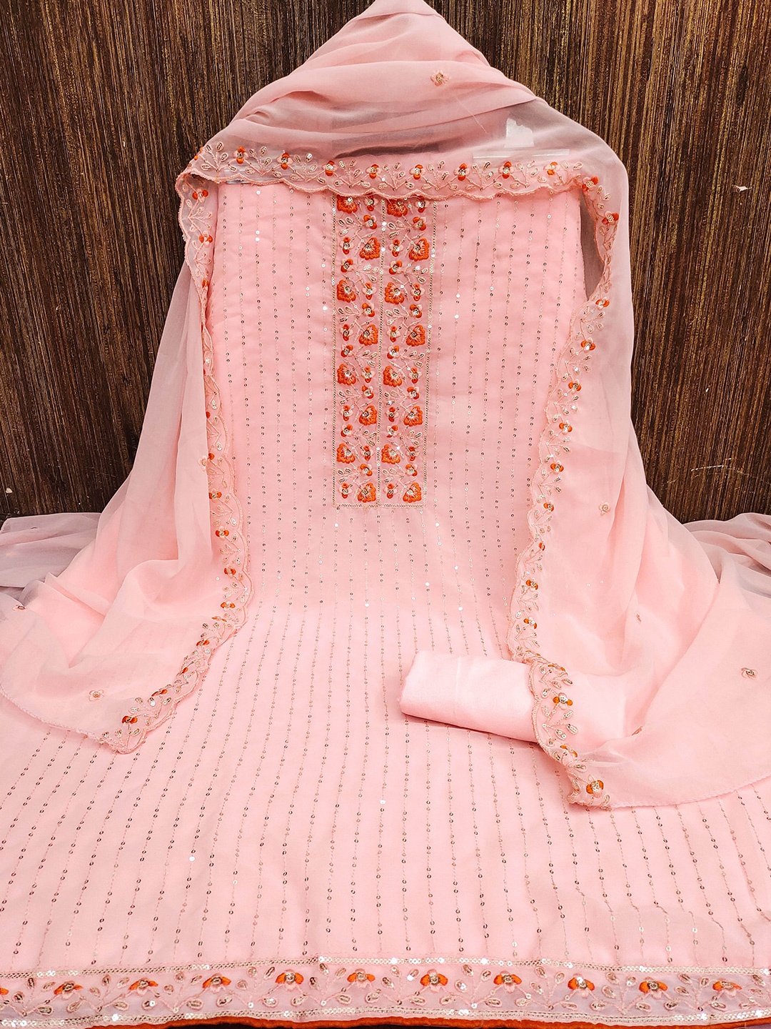 

MANVAA Floral Embroidered Silk Georgette Unstitched Dress Material, Peach