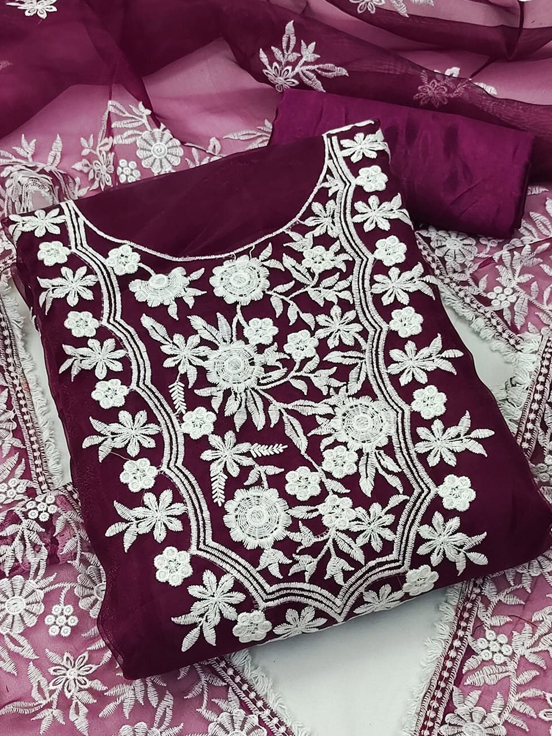

MANVAA Floral Embroidered Organza Unstitched Dress Material, Magenta