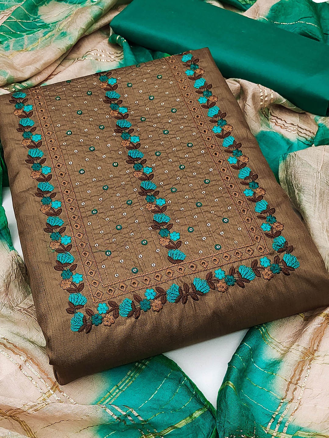 

MANVAA Floral Embroidered Sequinned Unstitched Dress Material, Brown