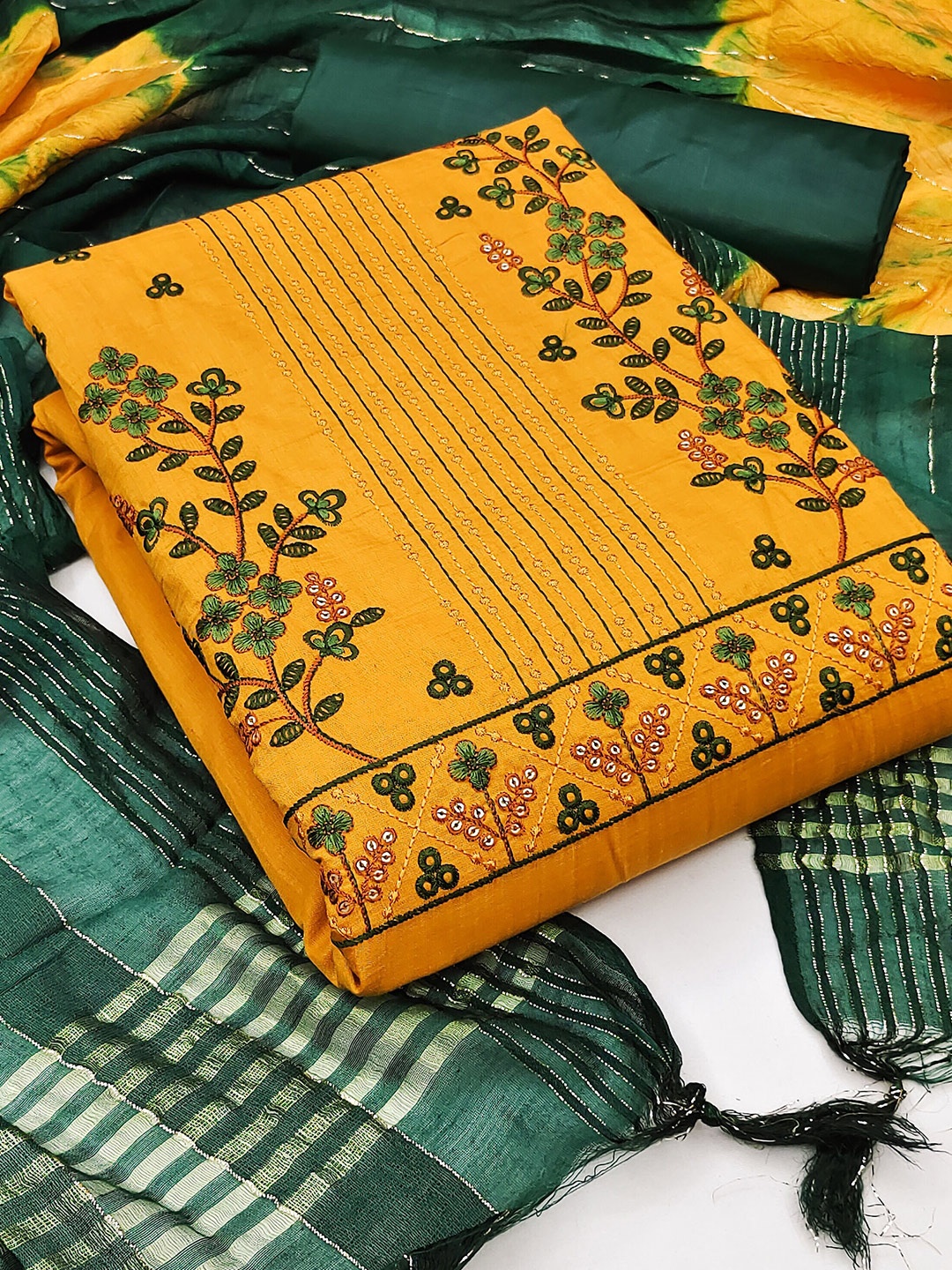 

MANVAA Floral Embroidered Unstitched Dress Material, Yellow