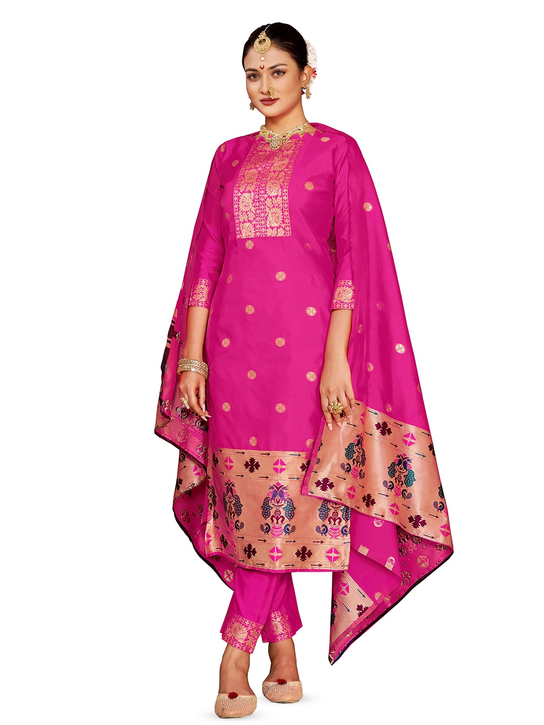 

MANVAA Ethnic Motifs Woven Design Zari Unstitched Dress Material, Pink