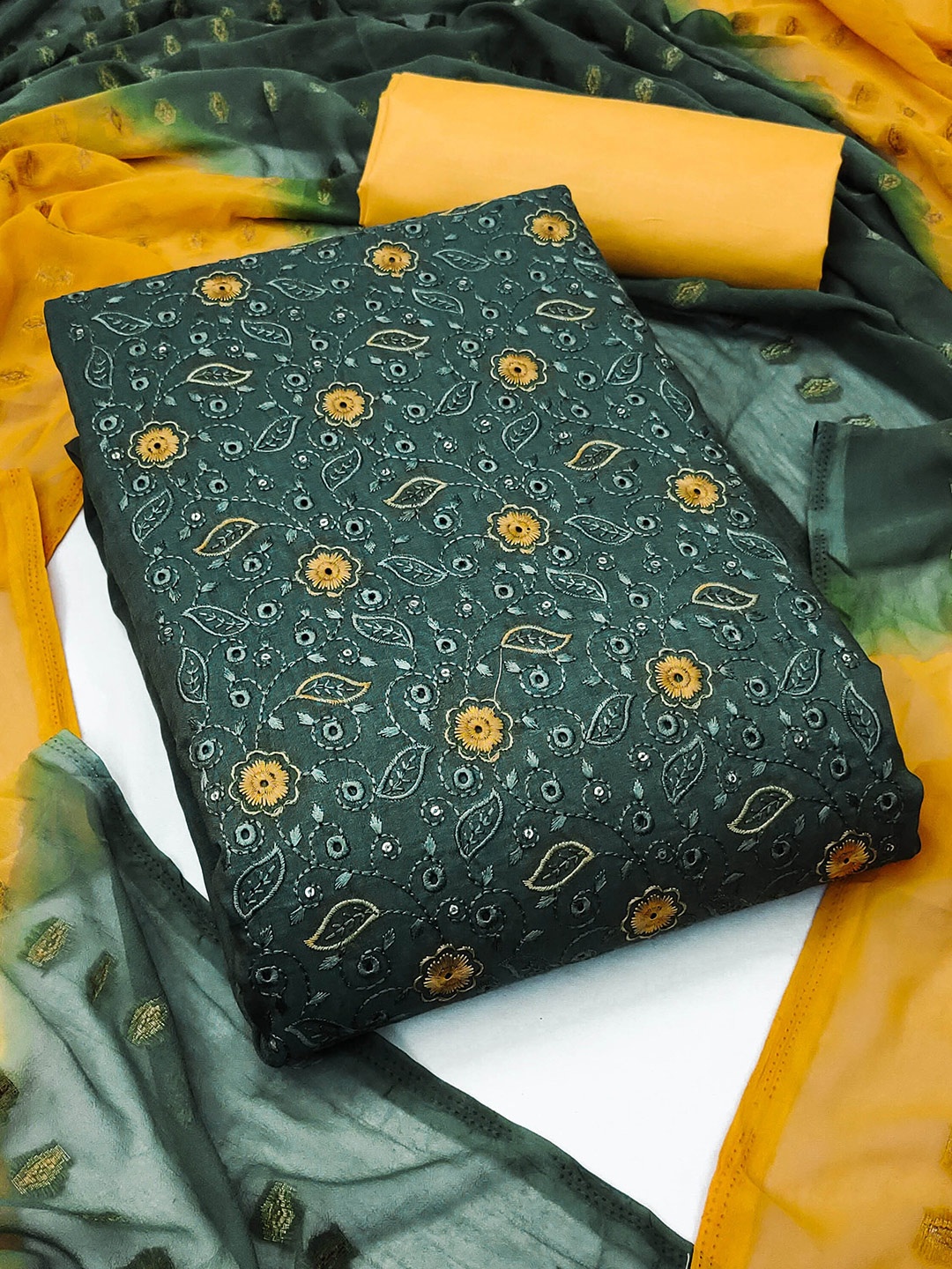 

MANVAA Floral Embroidered Unstitched Dress Material, Green