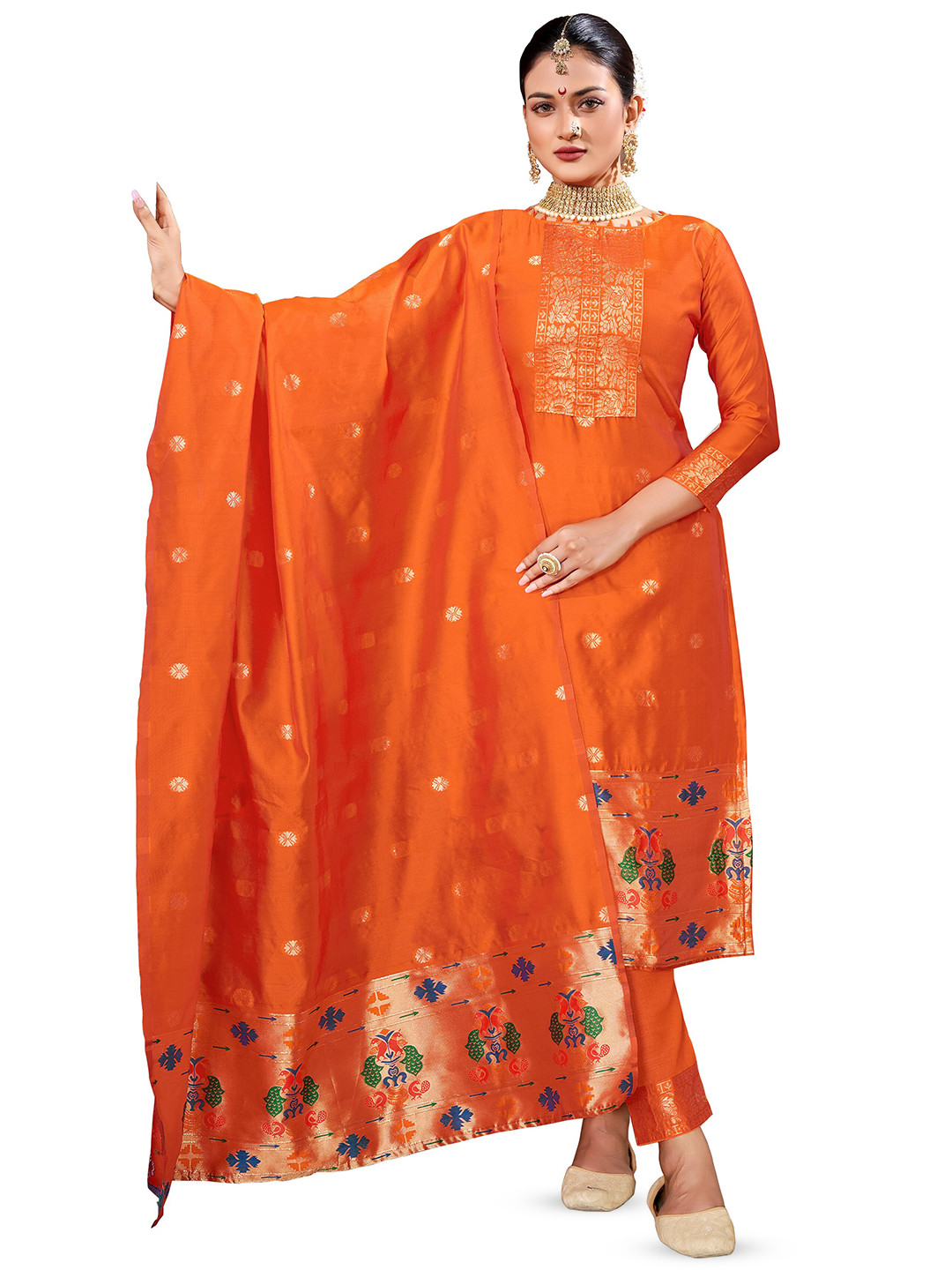 

MANVAA Ethnic Motif Woven Design Zari Unstitched Dress Material, Orange