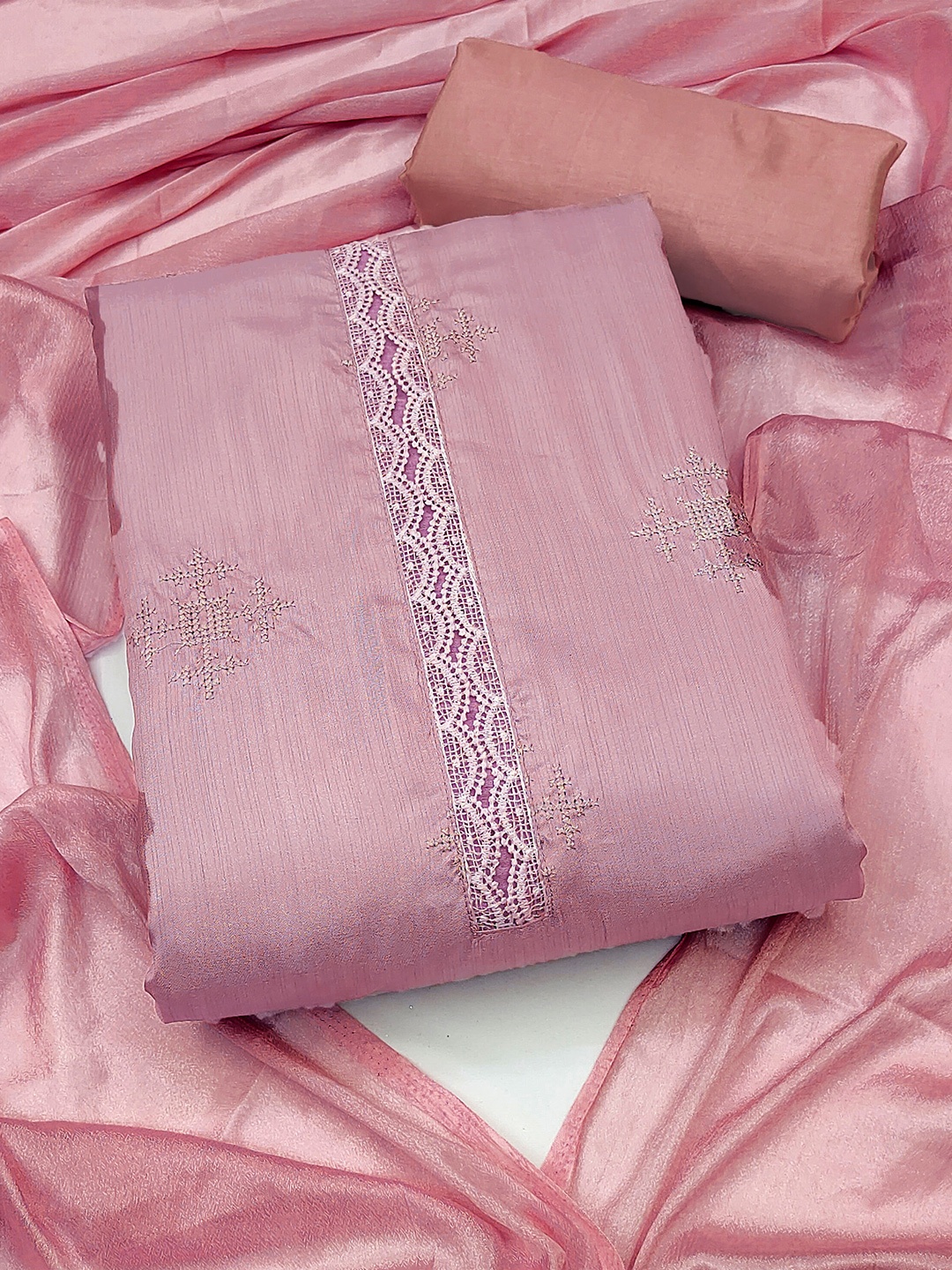 

MANVAA Ethnic Motif Embroidered Unstitched Dress Material, Pink