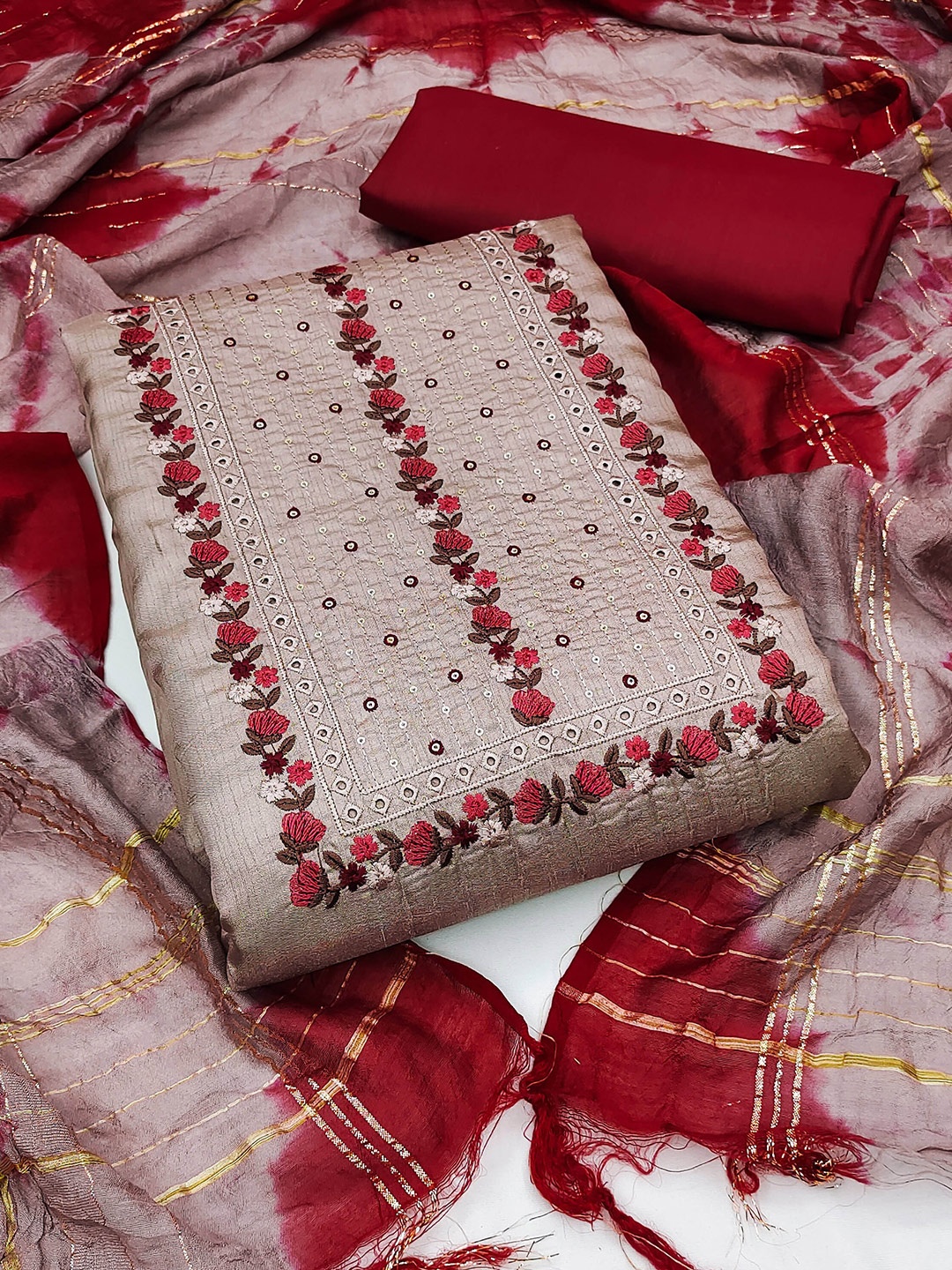 

MANVAA Floral Embroidered Unstitched Dress Material, Grey