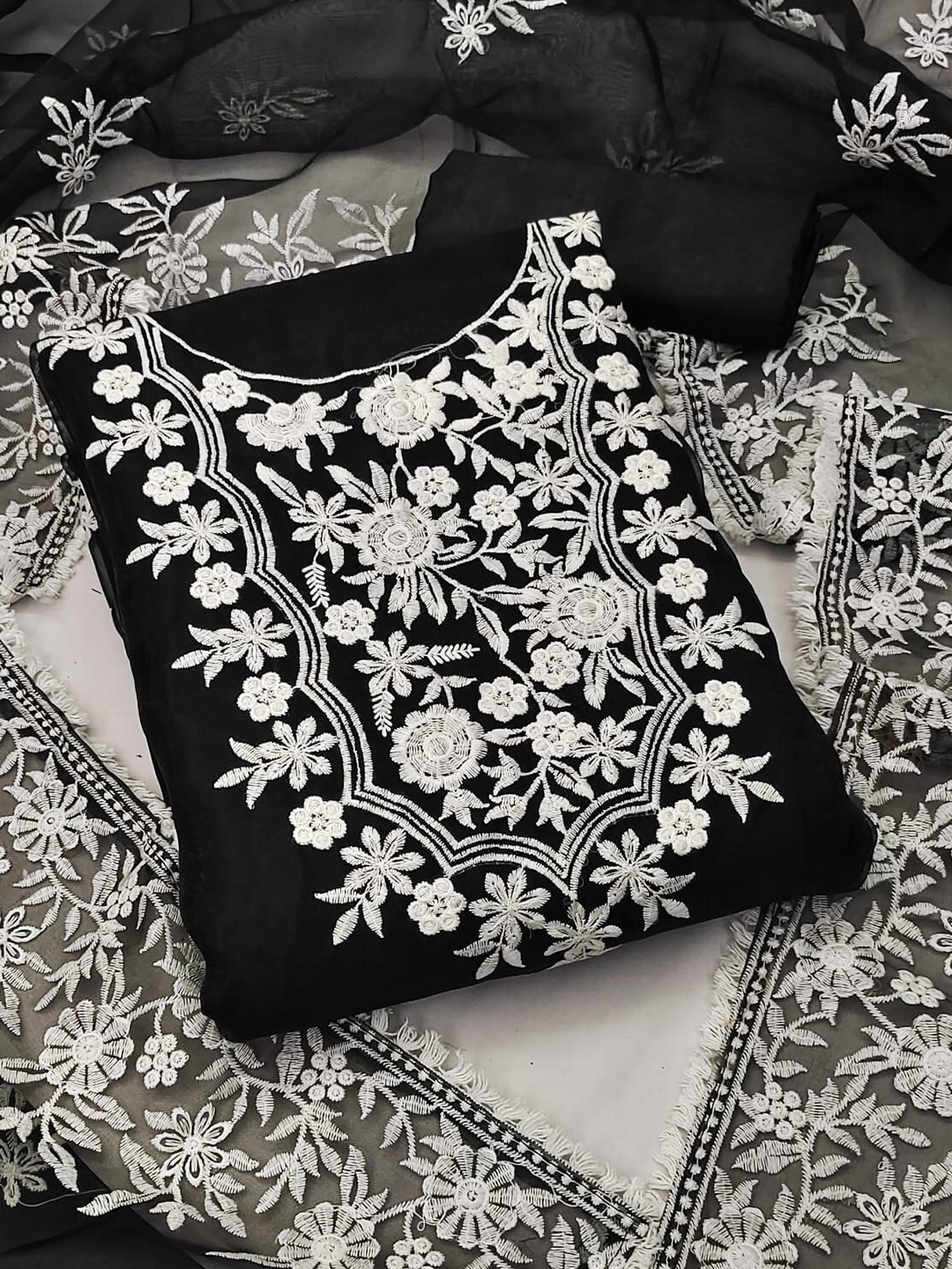 

MANVAA Floral Embroidered Unstitched Dress Material, Black