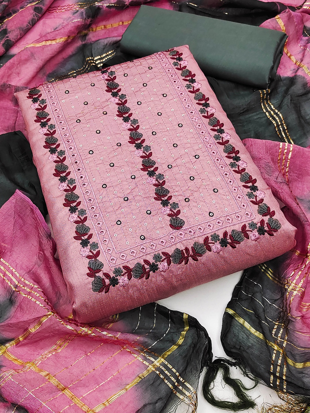 

MANVAA Floral Embroidered Unstitched Dress Material, Pink