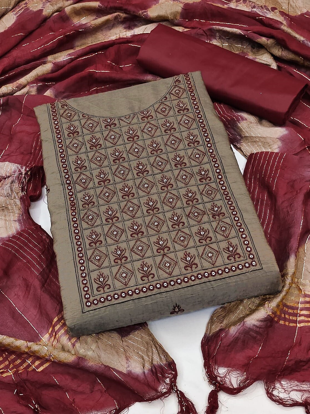 

MANVAA Embroidered Unstitched Dress Material, Brown