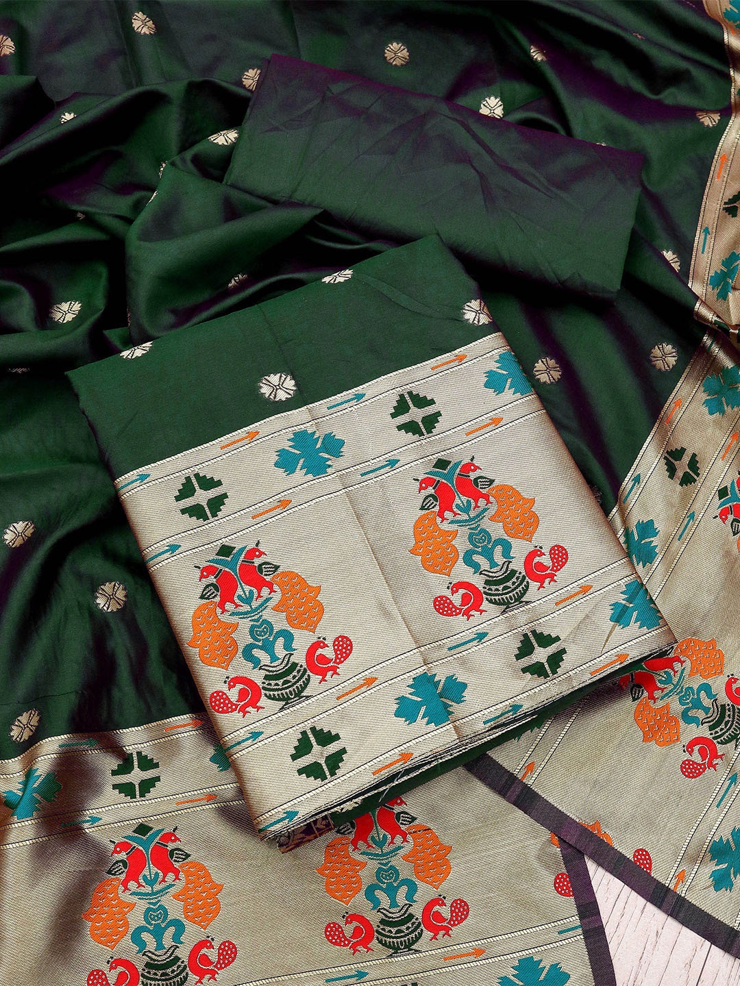 

MANVAA Ethnic Motifs Woven Design Zari Unstitched Dress Material, Green