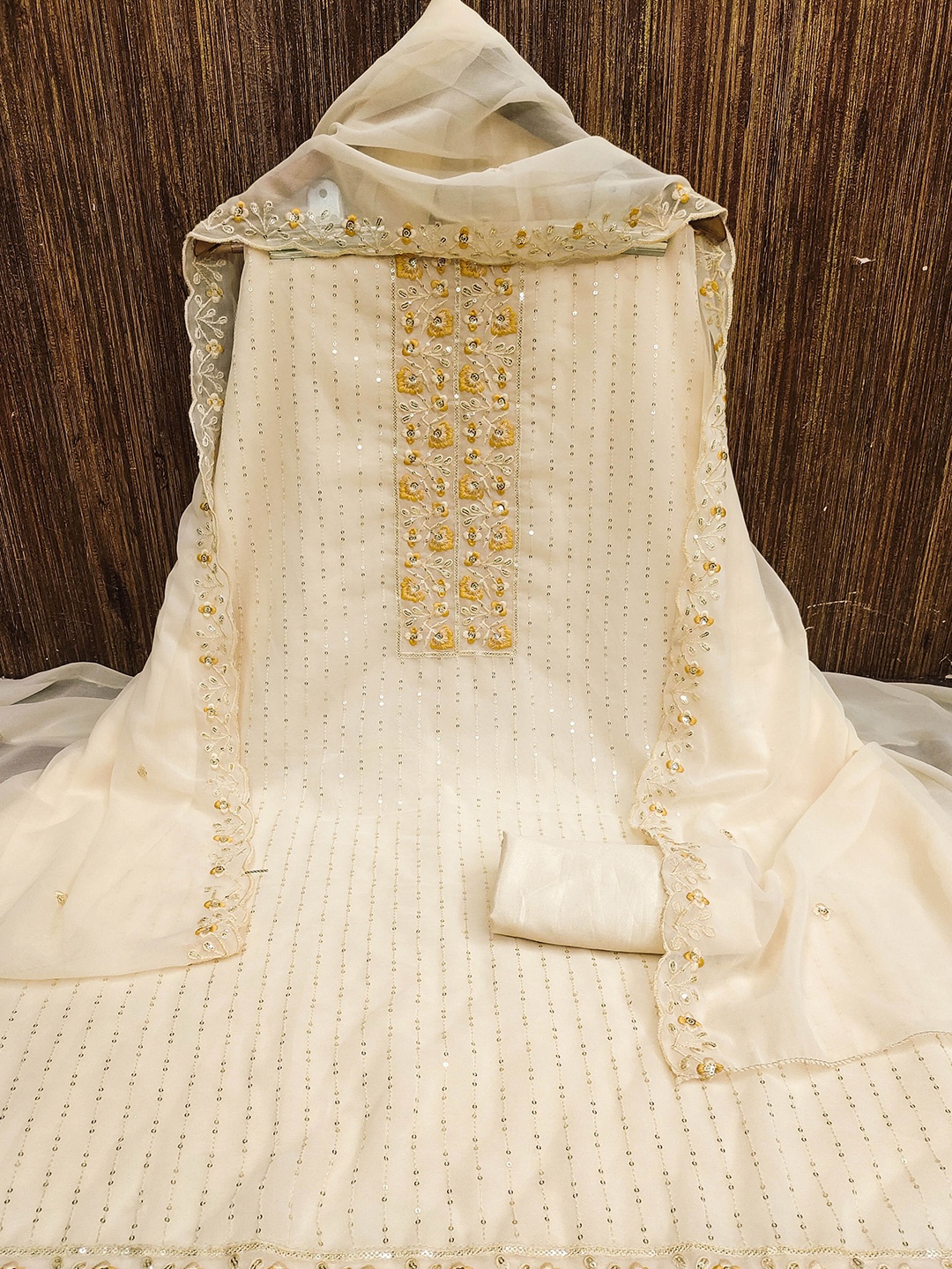 

MANVAA Floral Embroidered Sequinned Detail Unstitched Dress Material, Off white