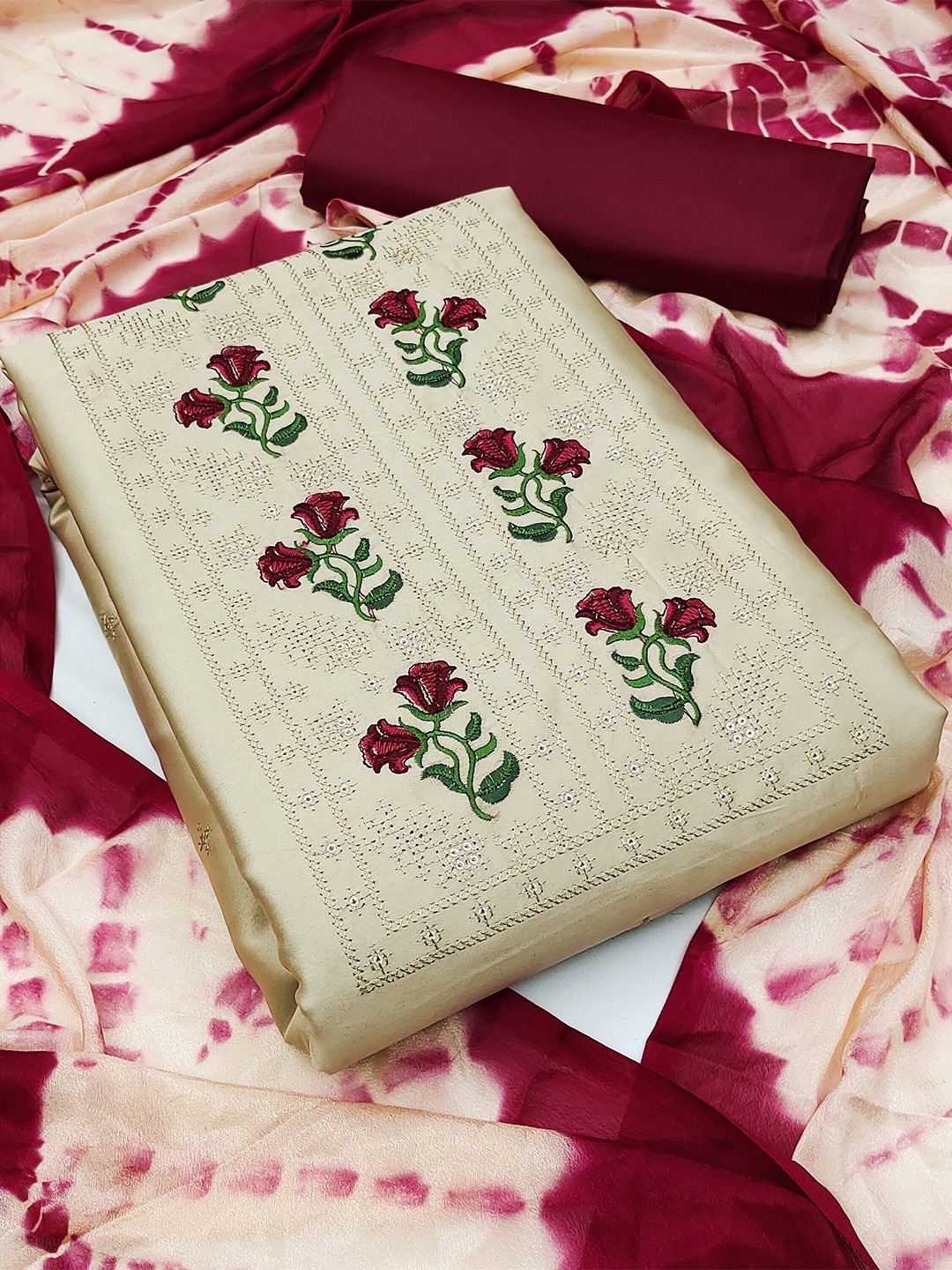 

MANVAA Floral Embroidered Unstitched Dress Material, Beige