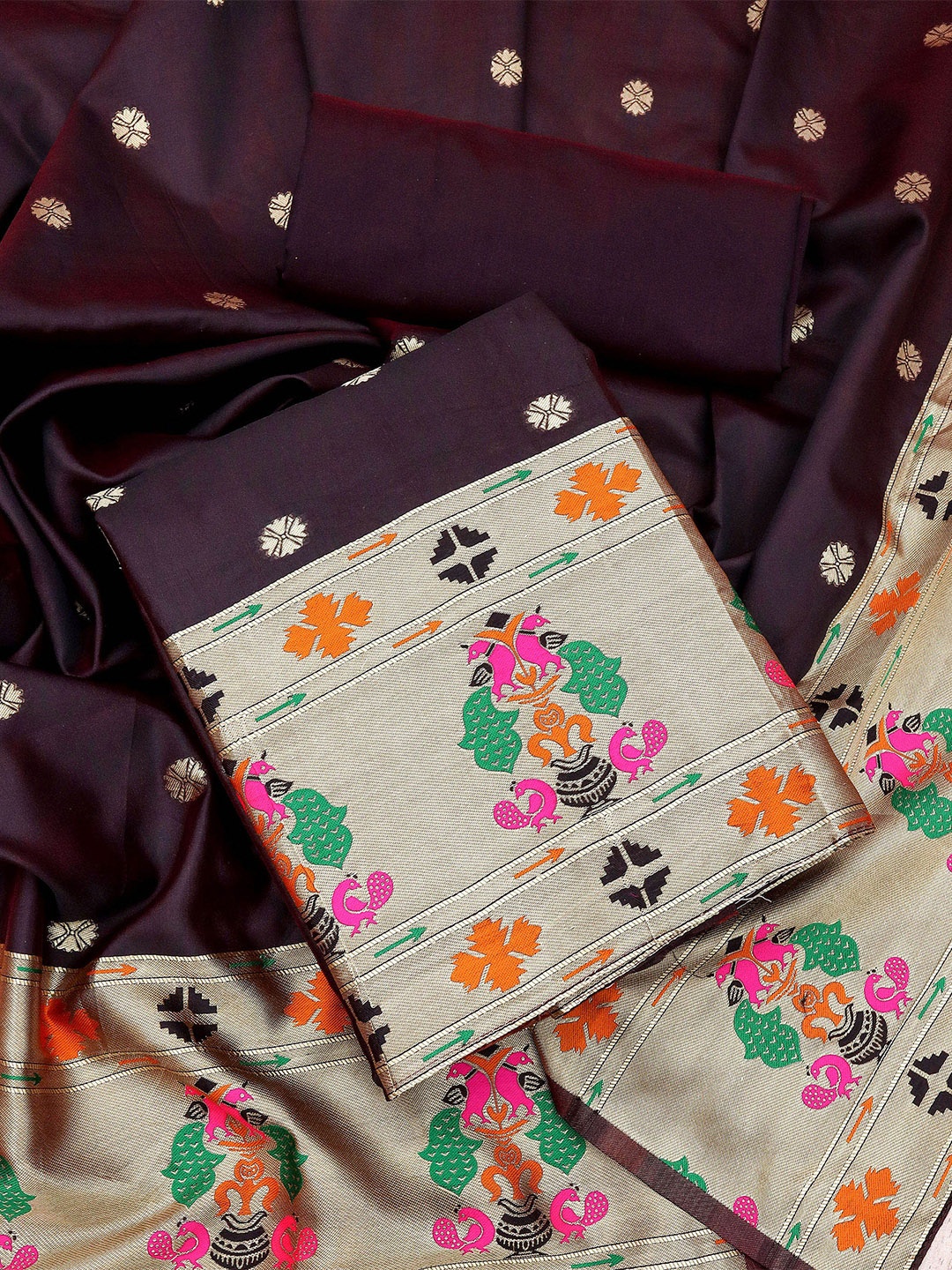 

MANVAA Ethnic Motifs Woven Design Unstitched Dress Material, Brown