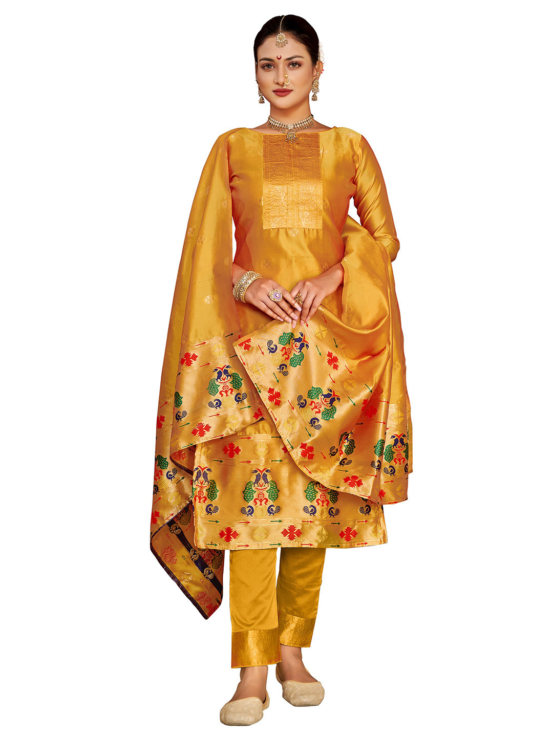 

MANVAA Ethnic Motifs Woven Design Unstitched Dress Material, Yellow