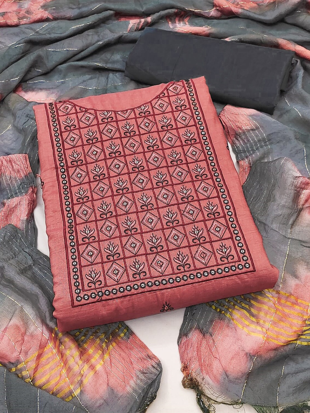 

MANVAA Ethnic Motif Embroidered Unstitched Dress Material, Coral