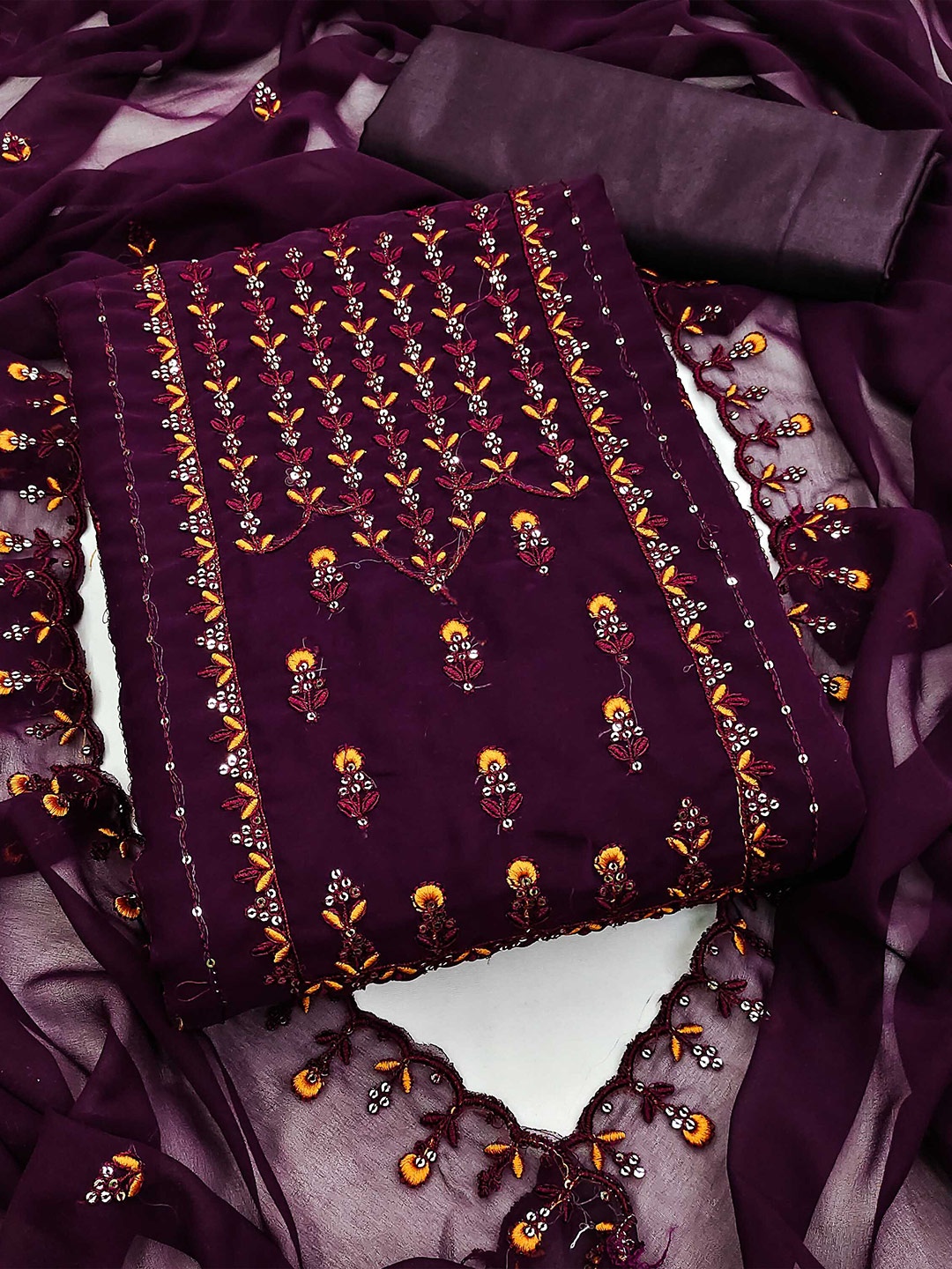 

MANVAA Embroidered Silk Georgette Unstitched Dress Material, Purple