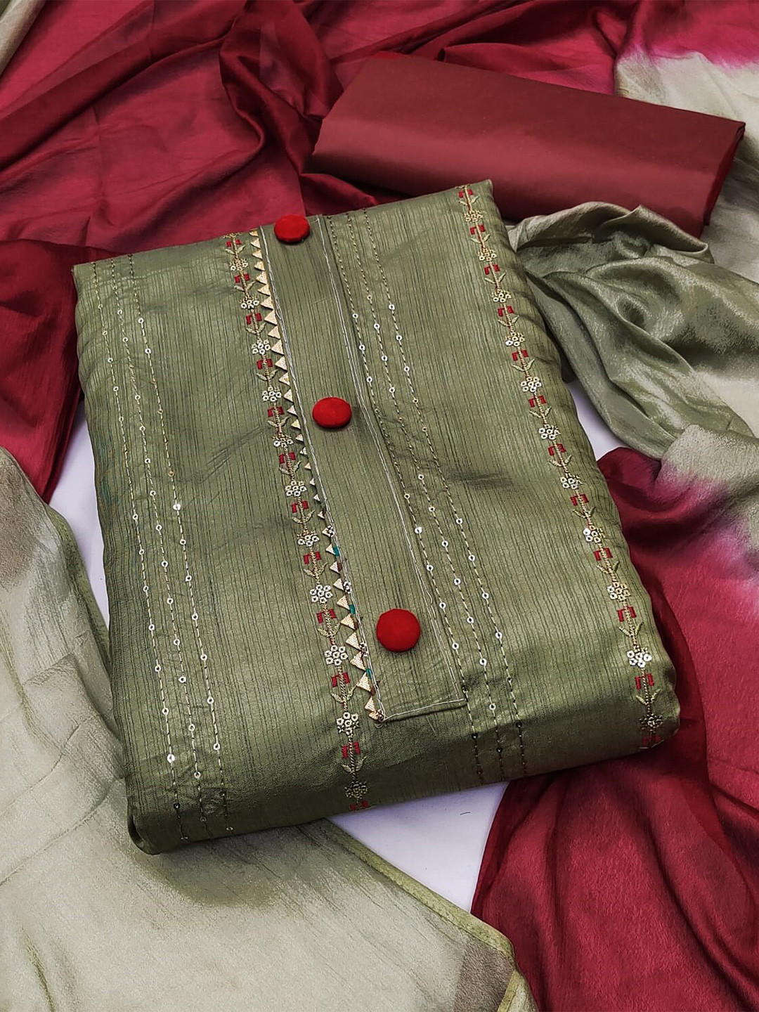 

MANVAA Embroidered Sequinned Unstitched Dress Material, Olive