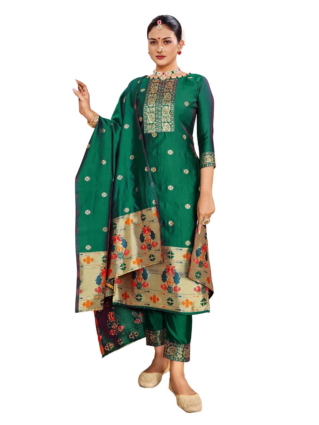 

MANVAA Ethnic Motifs Woven Design Unstitched Dress Material, Green