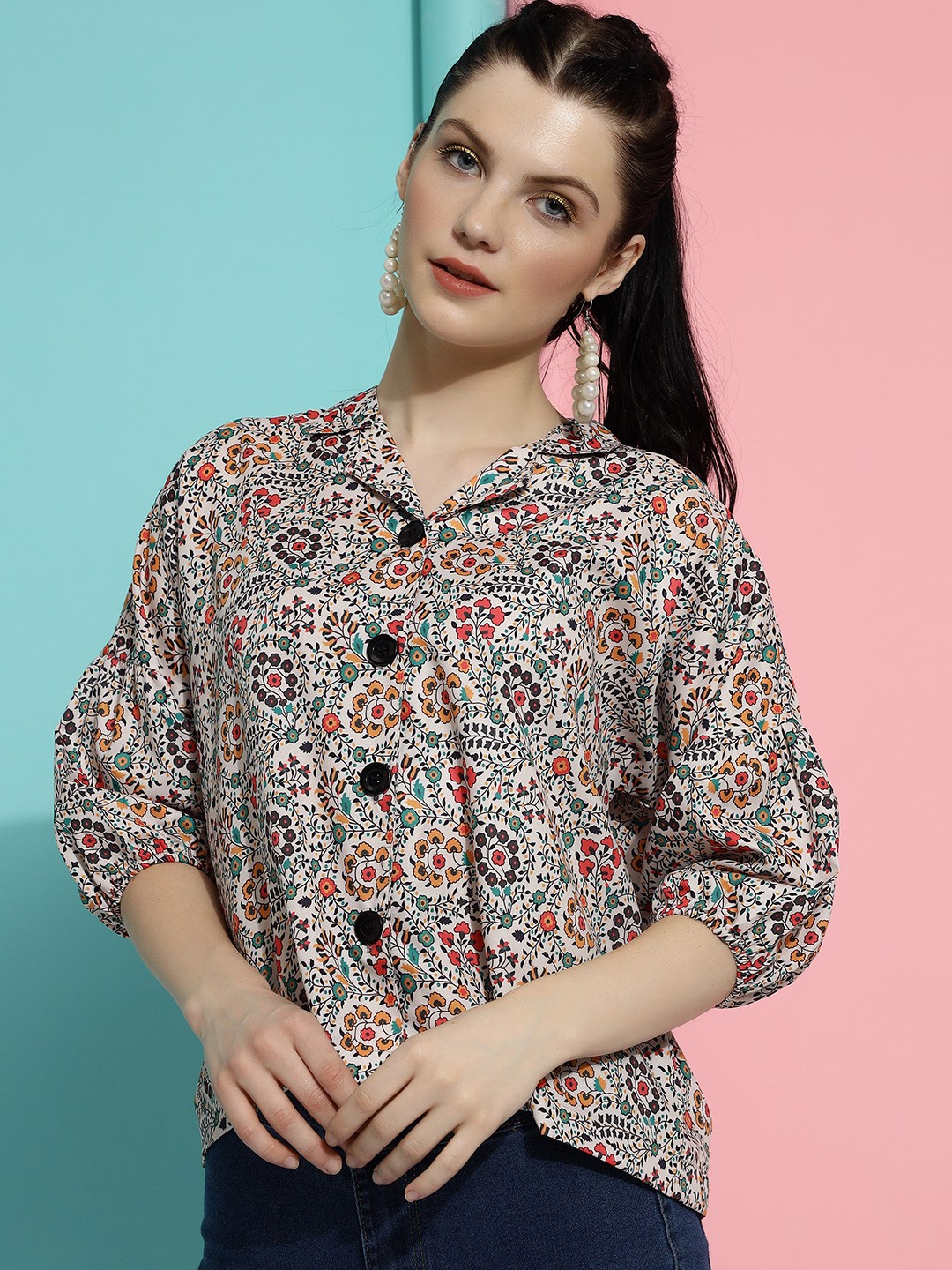 

J Turritopsis Women Classic Printed Oversized Casual Shirt, Beige