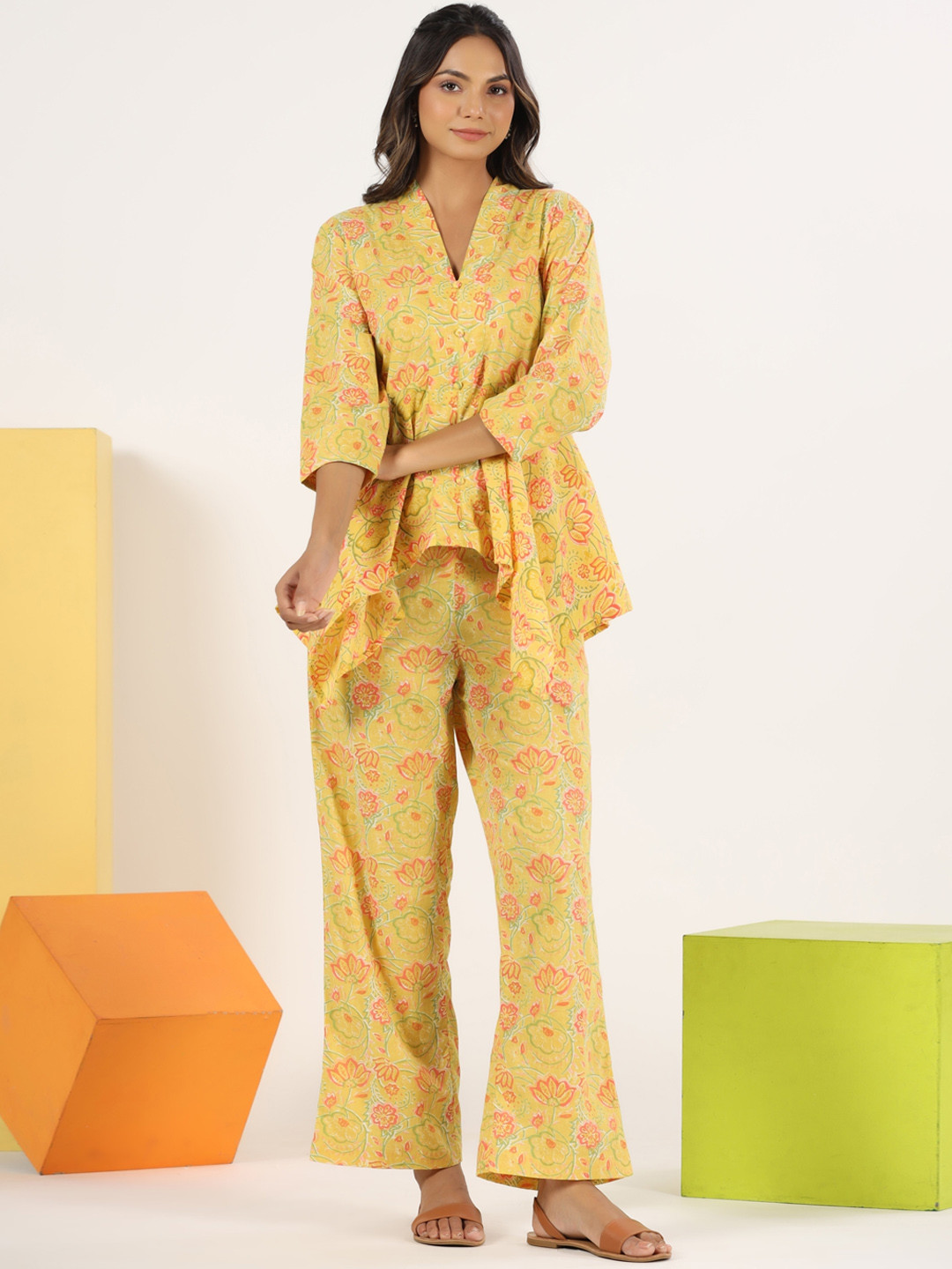 

mirari Floral Printed Pure Cotton Top & Palazzo, Yellow