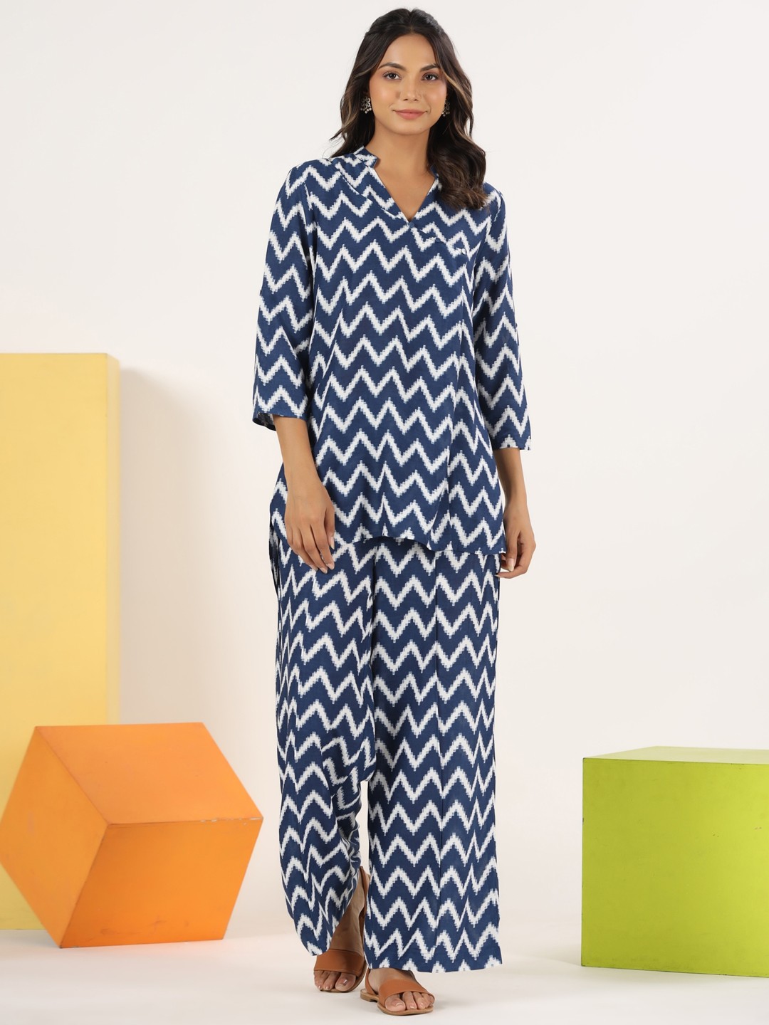 

mirari Chevron Printed Pure Cotton Tunic & Palazzo, Blue