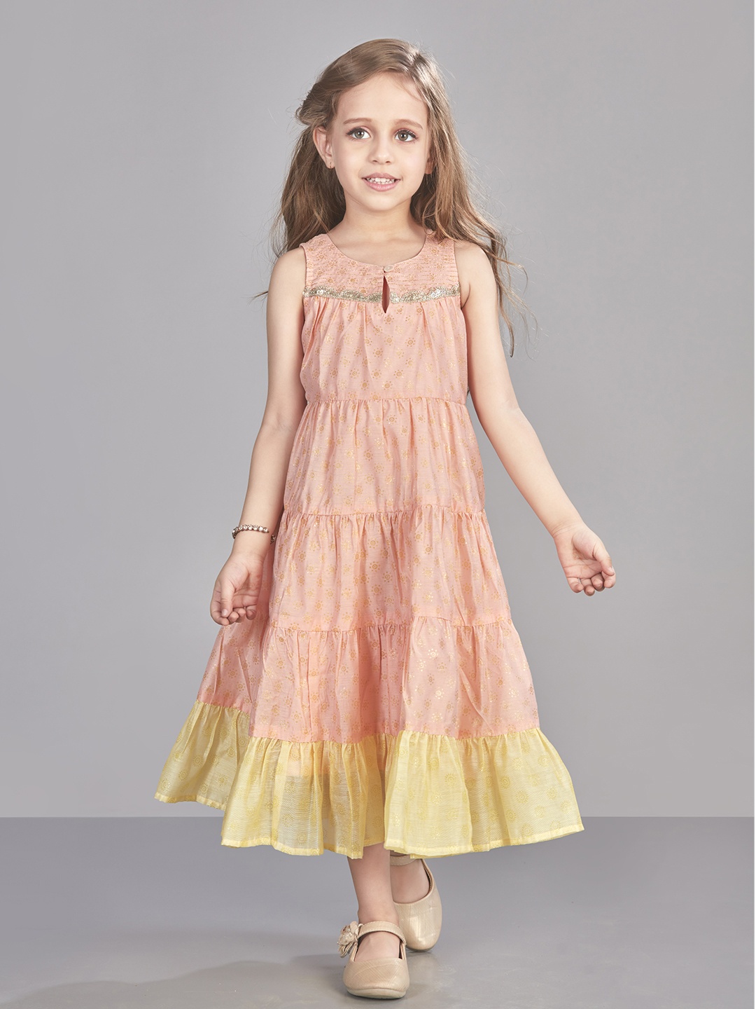 

Lil Peacock Girls Ethnic Motifs Printed Keyhole Neck Sequined Tiered Maxi Ethnic Dress, Peach