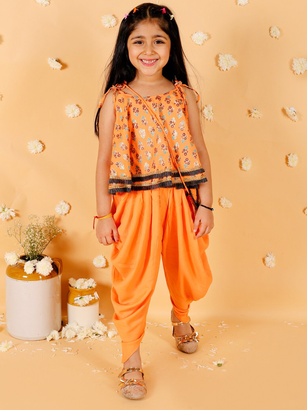 

Lil Peacock Girls Floral Printed Top With Dhoti Pants, Orange