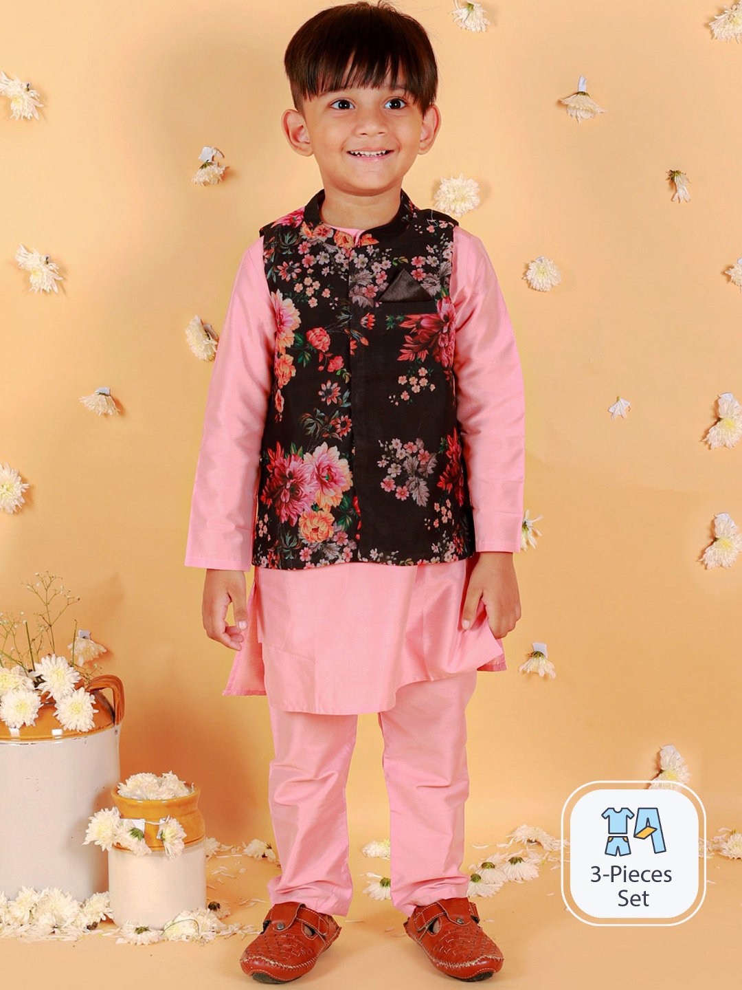 

Lil Peacock Boys Band Collar Straight Kurta & Pyjamas With Nehru jacket, Peach