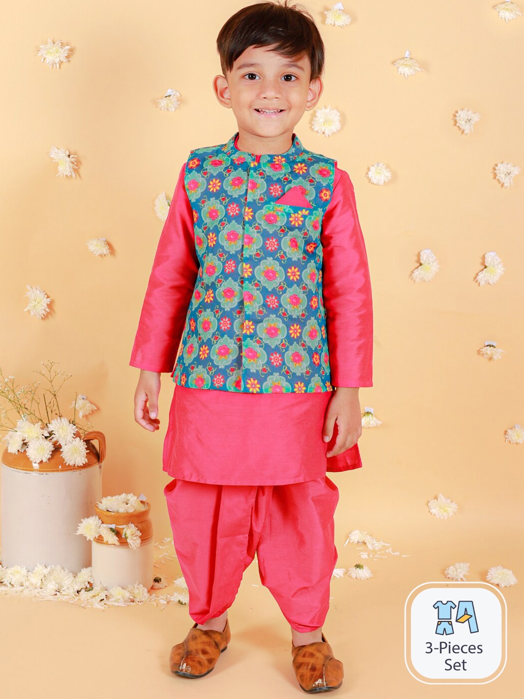 

Lil Peacock Boys Band Collar Straight Kurta & Dhoti Pants With Nehru jacket, Pink