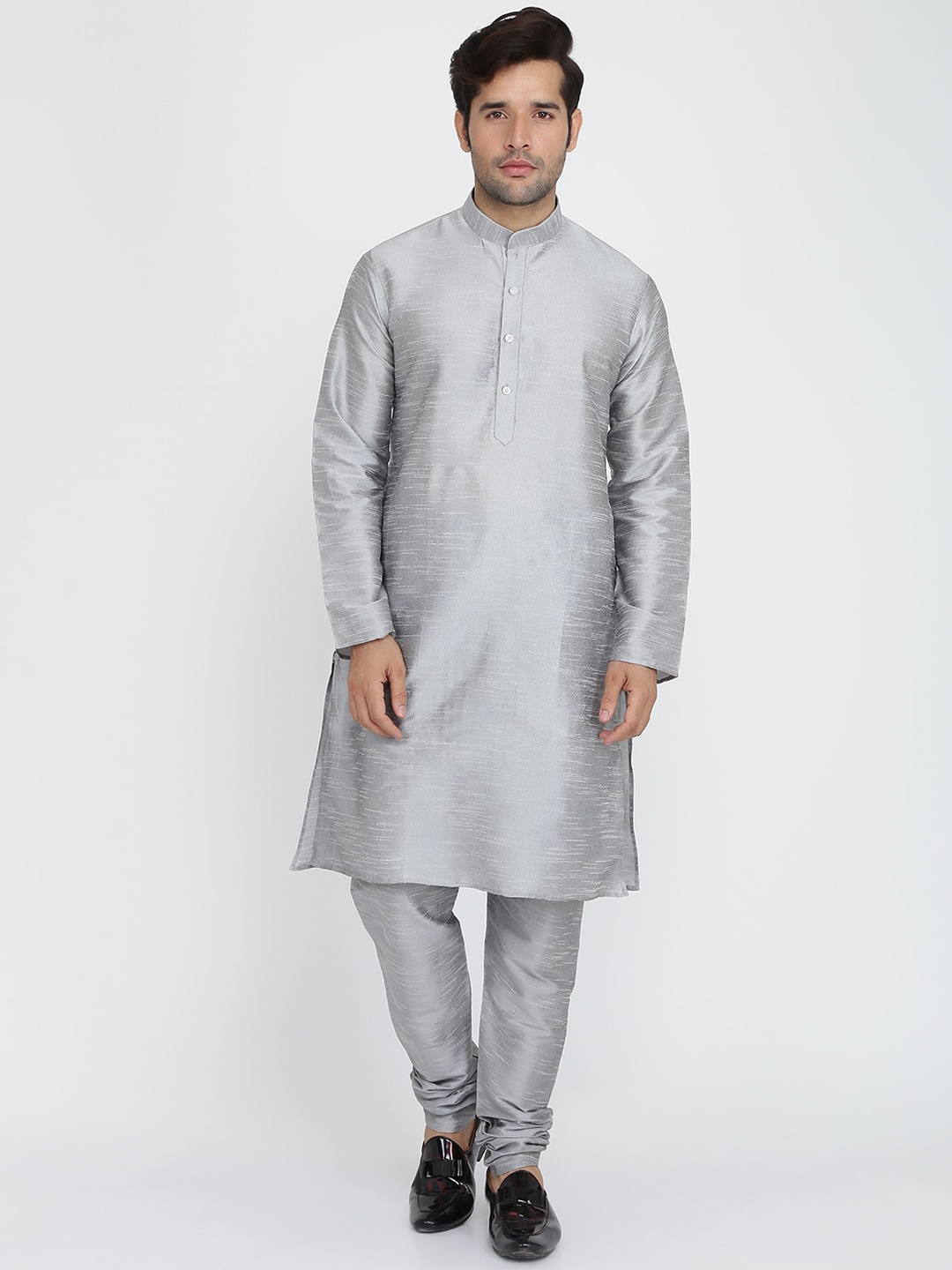 

ROYAL KURTA Men Woven Design Silk Kurta, Silver