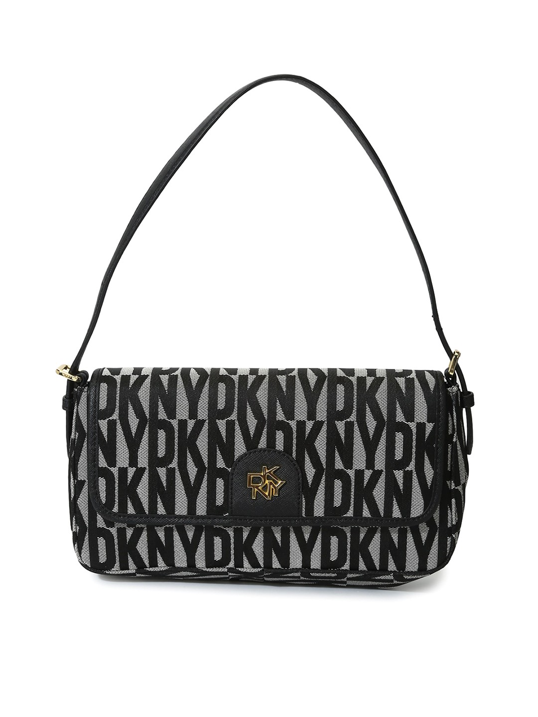 

DKNY Typography Printed Jacquard With Buckle Details Structured Handheld Bag, Black